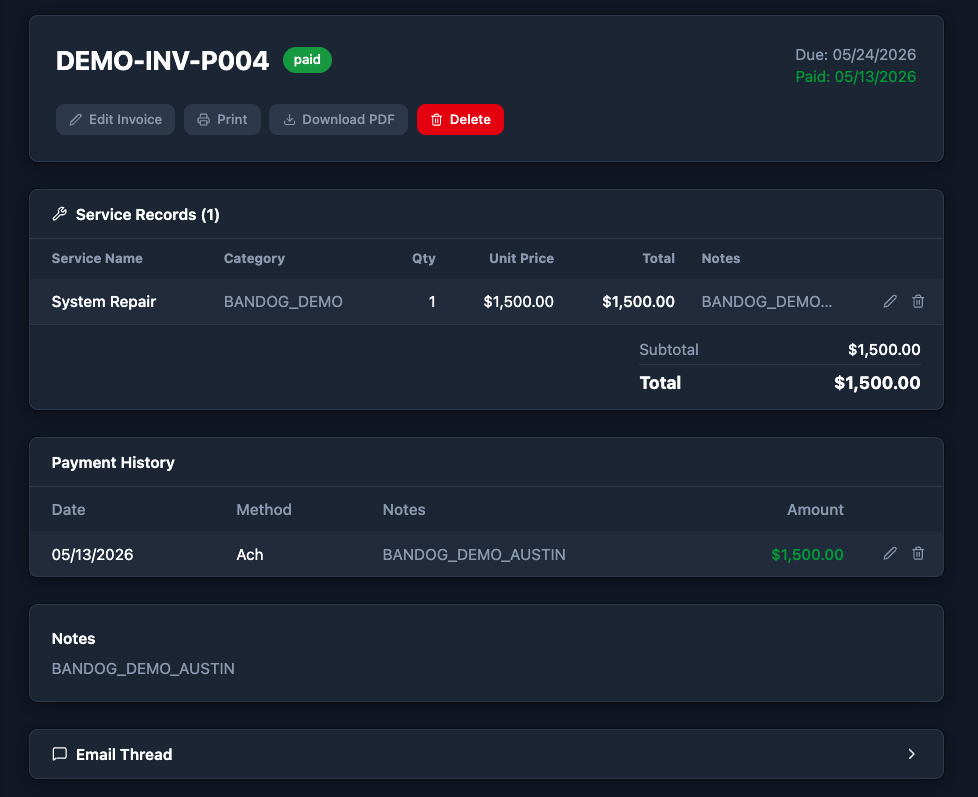 Bandog invoice overview screen